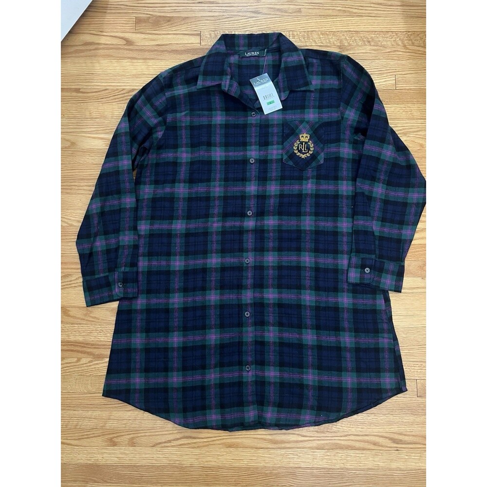 Lauren Ralph Lauren Nightgown Womens L Multi Plaid Flannel Sleepshirt Crest NEW